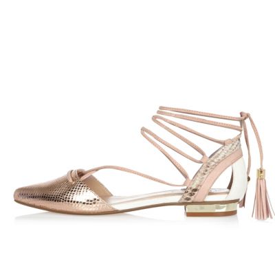 Gold tone lace-up ballerina shoes